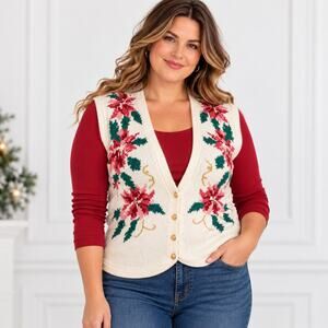 Lecomte Hand Knit Floral Embroidered Sweater Vest Cream Button Front Cardigan XL